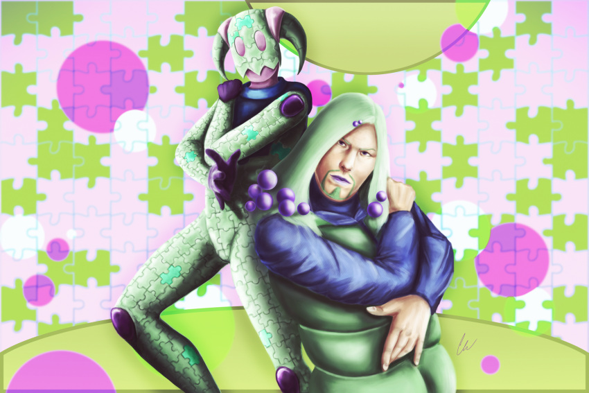 2boys, alternate_color, alternate_hair_color, artist_name, beard, blue_shirt, chooone, colored_eyebrows