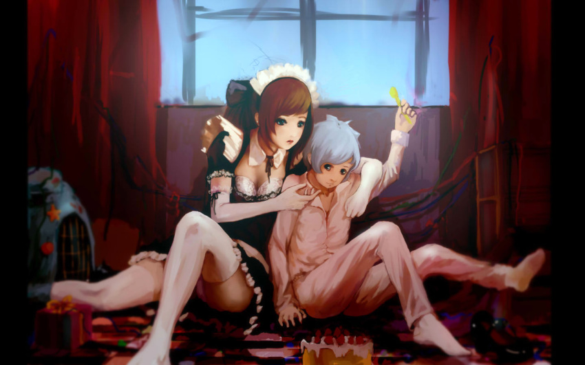 arm_up, birthday, black_eyes, blue_hair, bow, breasts, brown_hair, cake, child, cleavage, confetti, copyright_request, elbow_gloves, food, gift, gloves, hair_bow, highres, lips, lipstick, maid, maid_headdress, makeup, mary_janes, navjay, no_shoes, pajamas, panties, pantyshot, pantyshot_(sitting), pantyshot_sitting, red_lipstick, shoes, shoes_removed, sitting, spoon, thigh-highs, thighhighs, underwear, white_gloves, white_legwear, window