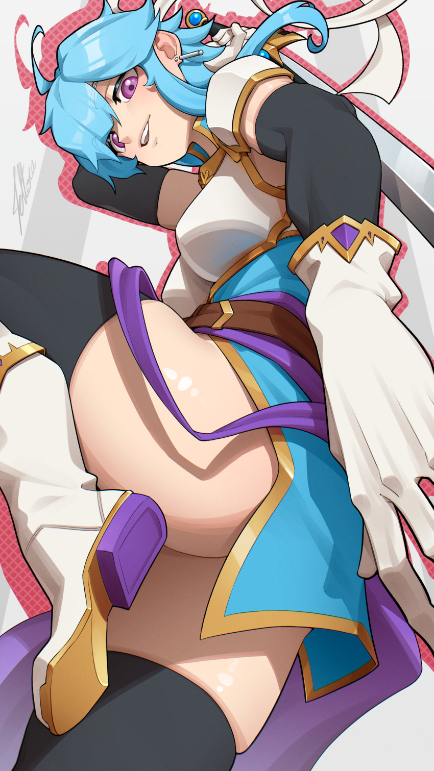 1girl, absurdres, ahoge, armor, ass, belt, blue_hair, blue_tunic