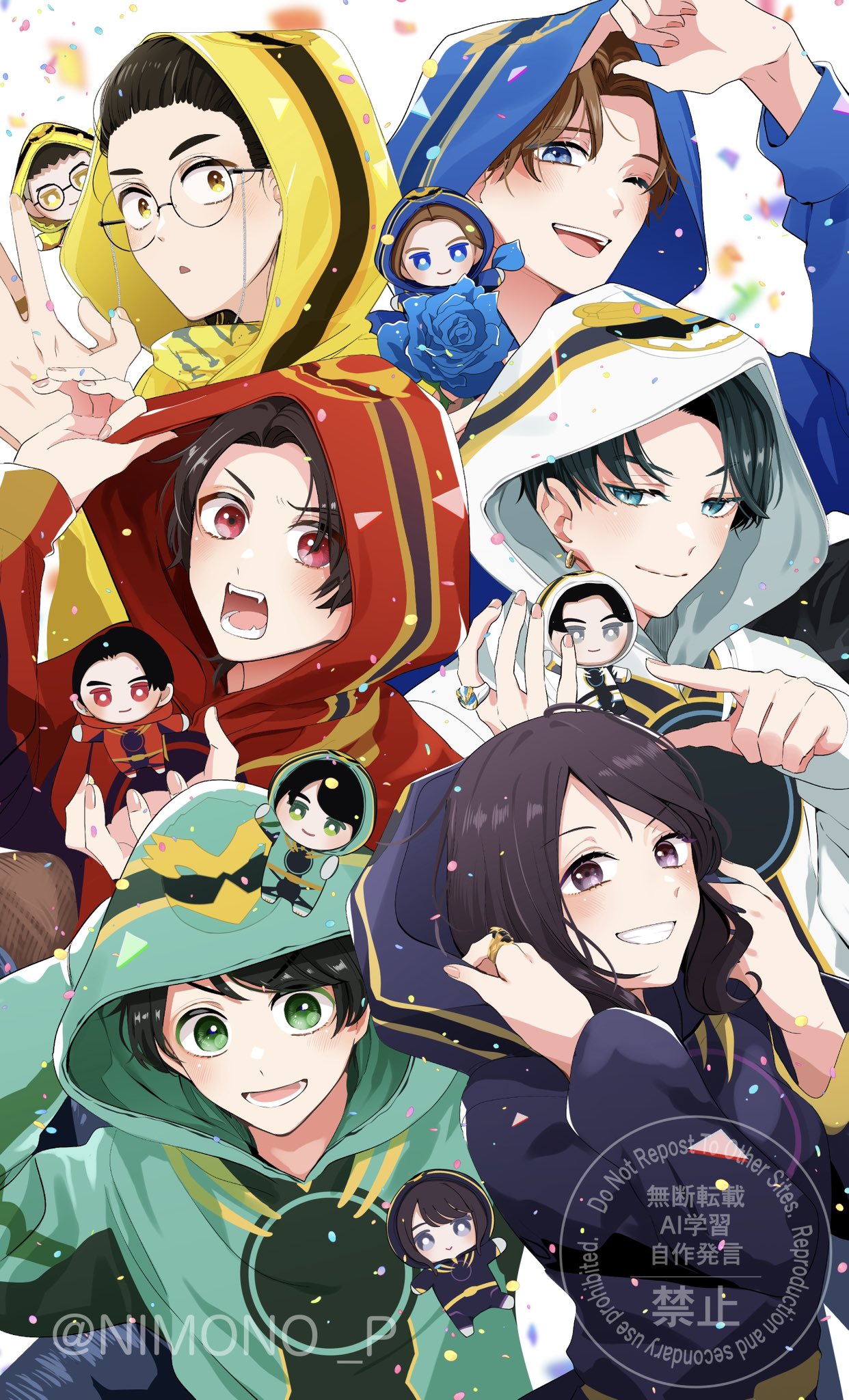 1girl, 5boys, bakugami_ryugi, black_eyes, black_hair, black_hoodie, blue_eyes, blue_flower