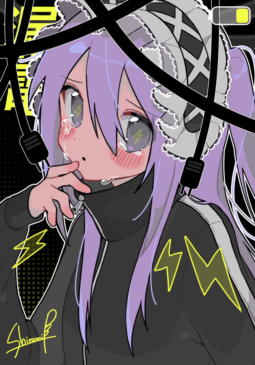1girl, 463_e, battery_indicator, black_track_suit, blush_stickers, commentary_request, crying, electric_plug, frilled_headwear, grey_eyes, hairband, hand_up, headband, highres, lightning_bolt-shaped_pupils, lightning_bolt_symbol, lolita_hairband, long_hair, long_sidelocks, long_sleeves, original, outline, ponytail, purple_hair, sidelocks, solo, symbol-shaped_pupils, track_suit, upper_body, watermark, white_headband