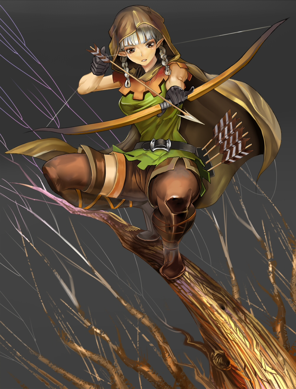 boots, bow_(weapon), brown_eyes, cape, dragon's_crown, dragon's_crown, elf_(dragon's_crown), elf_(dragon's_crown)