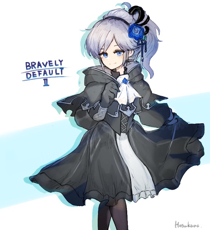 1girl, adelle_ein, ascot, black_dress, black_gloves, black_headband, black_pantyhose, blue_eyes