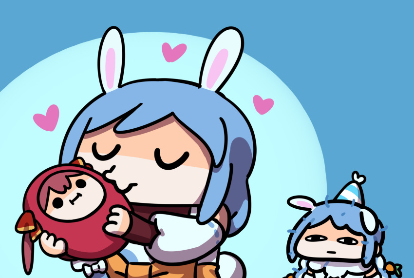 3girls, animal_ears, baby, blue_hair, carrot_hair_ornament, chibi, commentary, food-themed_hair_ornament