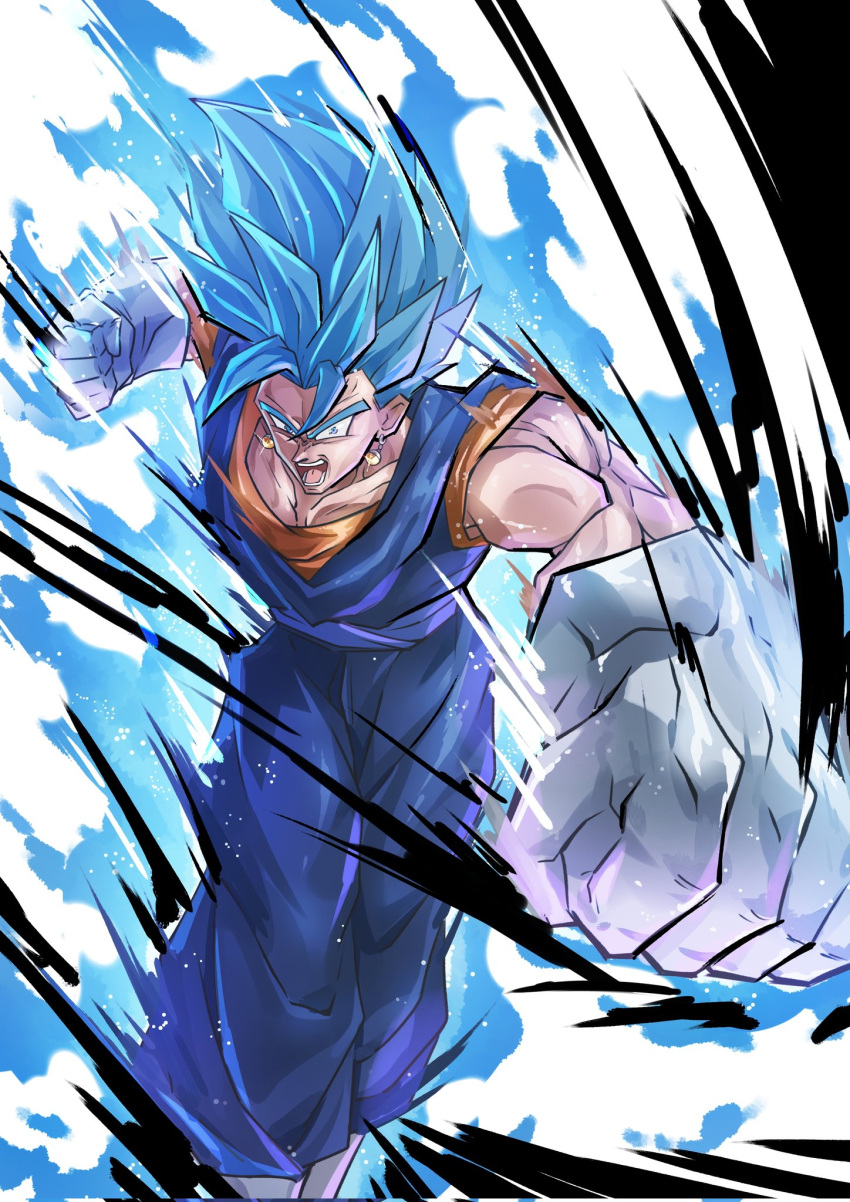 1boy, aura, blue_eyes, blue_hair, blue_pants, blue_sash, blue_shirtt, boots