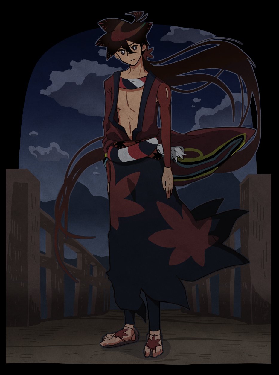 1boy, black_eyes, black_hair, black_hakama, bridge, clouds, commentary_request, detached_sleeves