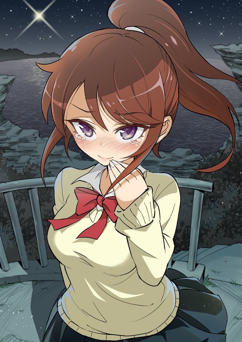 1girl, absurdres, arm_behind_back, black_skirt, blush, bow, bowtie, brown_hair, closed_mouth, commentary_request, from_above, hand_to_own_mouth, high_ponytail, highres, jikkyou_powerful_pro_yakyuu, night, ocean, outdoors, pawahotel3021, ponytail, power_pro_kun_pocket, power_pro_kun_pocket_10, railing, red_bow, red_bowtie, school_uniform, shinjou_shian, shirt, skirt, smile, solo, star_(sky), sweater_vest, tears, violet_eyes, white_shirt, yellow_sweater_vest