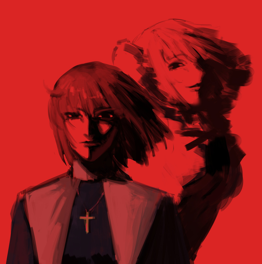 2girls, absurdres, black_eyes, cape, ciel_(tsukihime), cloak, cross, cross_necklace