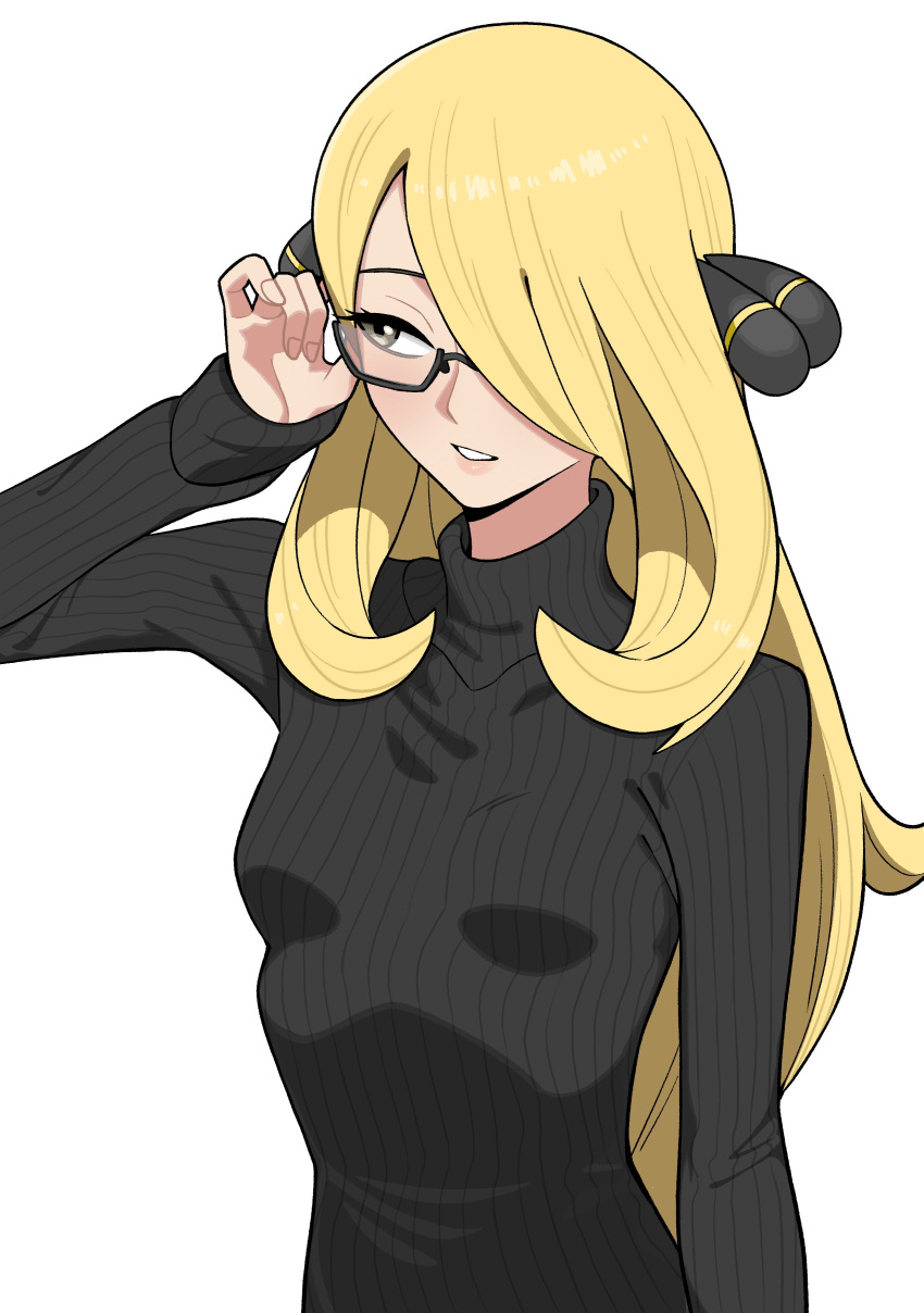 1girl, absurdres, adjusting_eyewear, bespectacled, black_sweater, blonde_hair, breasts, commentary_request