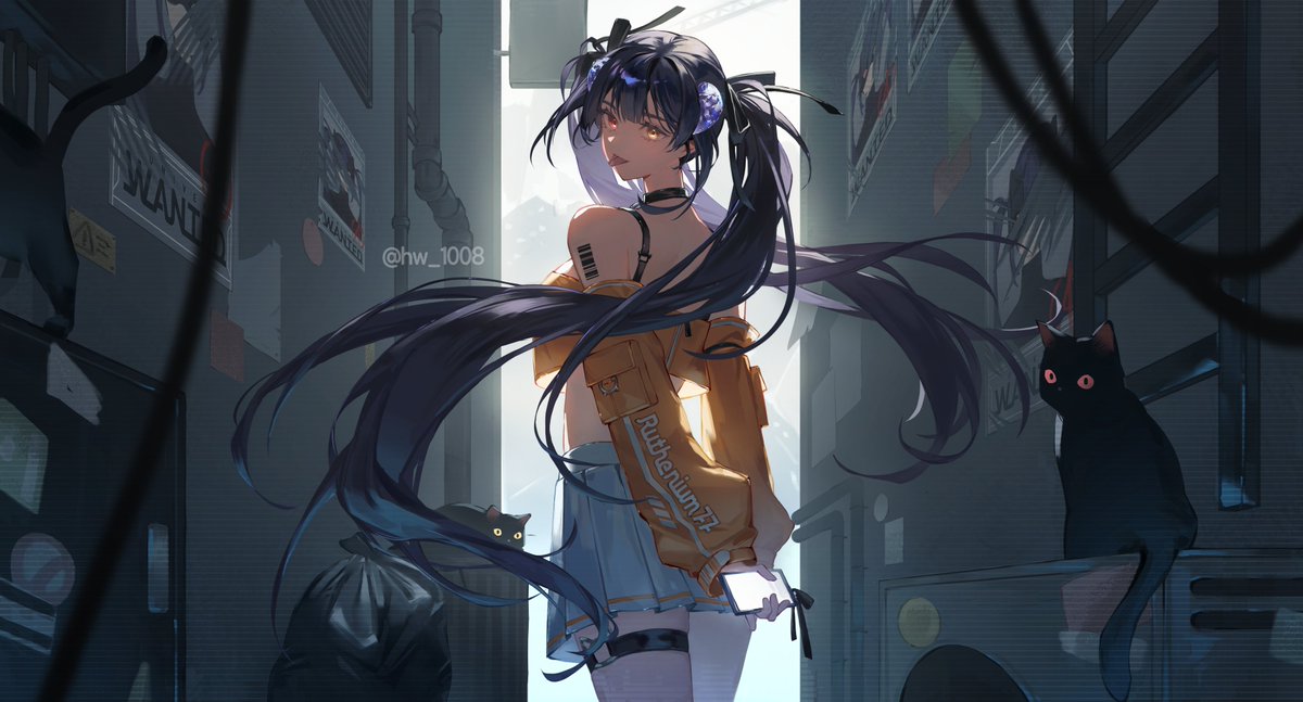 alley, black_cat, borrowed_character, bow, cat, cellphone, choker, crop_top