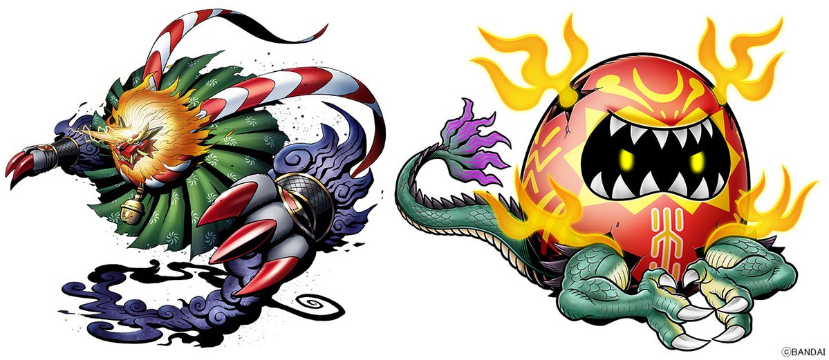 cloak, clouds, daruma_doll, darumamon, digimon, digimon_(creature), dragon, egg, electricity, full_body, green_cloak, horns, lion, no_humans, official_art, shishimamon, simple_background, single_horn, white_background