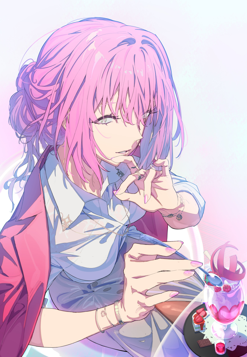 1girl, absurdres, bracelet, breasts, coat, coat_on_shoulders, commentary_request, food
