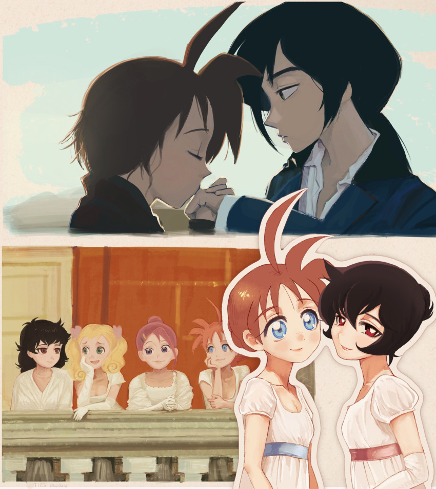 1boy, 4girls, ahiru_(princess_tutu), ahoge, alternate_costume, aristocratic_clothes, black_hair, blonde_hair