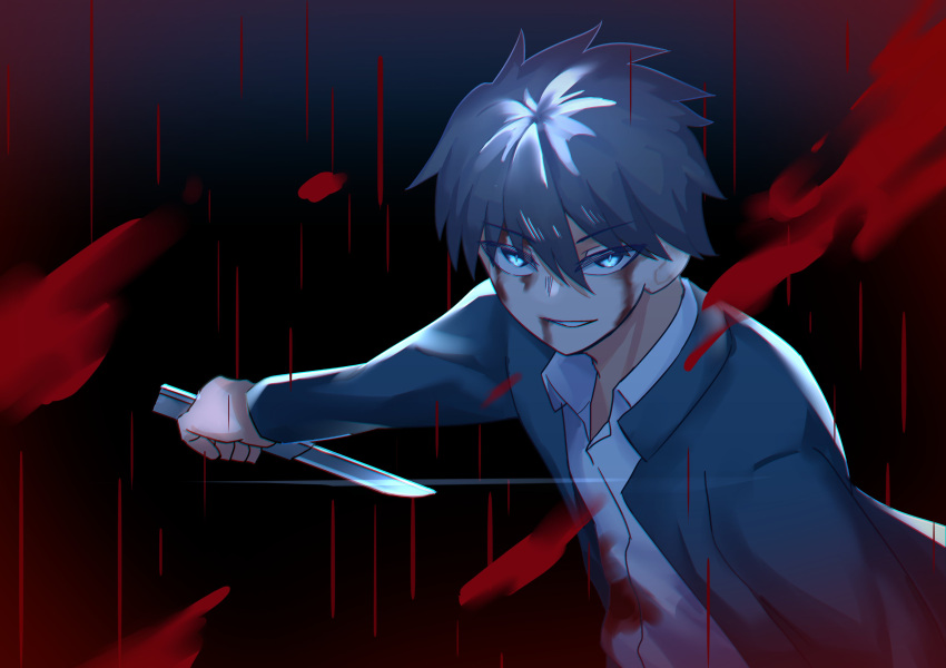 1boy, absurdres, battle_damage, black_hair, blood, blood_on_clothes, blood_on_face, fighting_stance