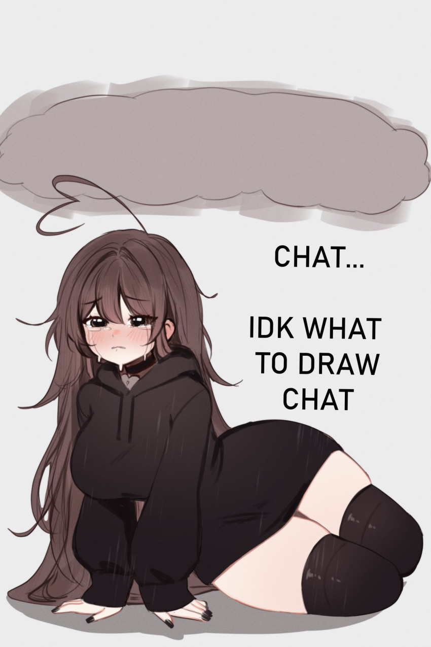 ahoge, arm_support, black_choker, black_hoodie, black_nails, black_thighhighs, breasts, brown_eyes
