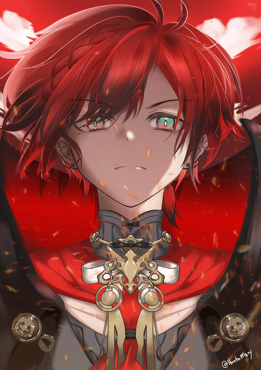 1boy, absurdres, bishounen, black_cape, cape, closed_mouth, ear_piercing, green_eyes, hair_between_eyes, highres, holostars, holostars_english, hontomory, jewelry, looking_at_viewer, machina_x_flayon, male_focus, necklace, piercing, portrait, red_hair, short_hair, signature, simple_background, solo, upper_body, virtual_youtuber
