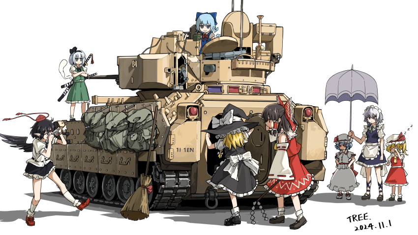 6+girls, ;d, absurdres, apron, backpack, bag, black_bow, black_hair