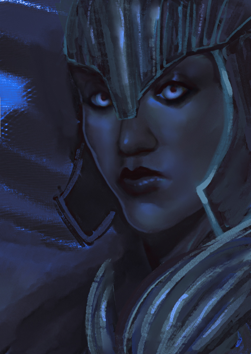 1girl, armor, black_armor, black_background, black_sclera, blue_eyes, colored_pencil_(medium), colored_sclera, colored_skin, dark_seducer_(mazken), from_side, grey_skin, helmet, highres, looking_at_viewer, painterly, portrait, sabiartrin, shoulder_armor, solo, solo_focus, the_elder_scrolls, the_elder_scrolls_iv:_oblivion, traditional_media