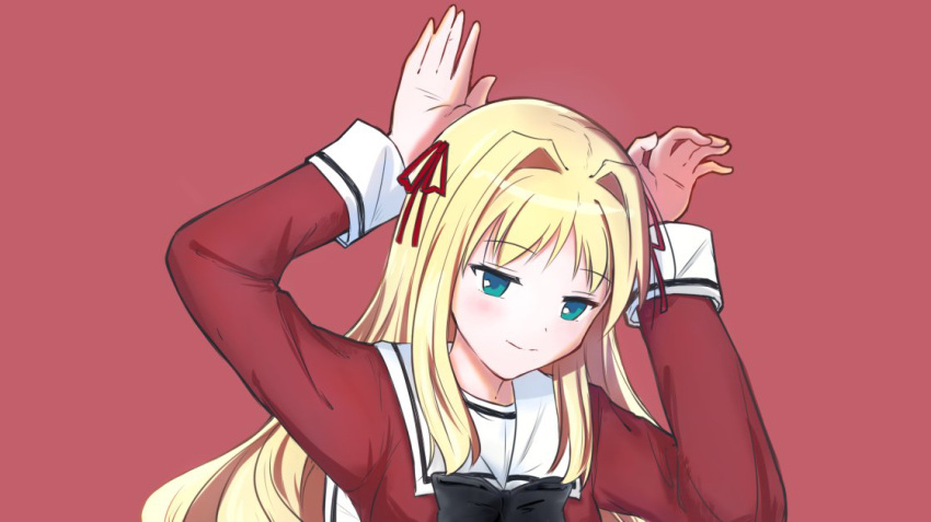 1girl, arm_up, blonde_hair, chinese_commentary, closed_mouth, commentary_request, green_eyes, hair_intakes, long_hair, long_sleeves, matsubara_yuuna, outstretched_hand, phony_(cevio), red_background, red_ribbon, ribbon, sahara1109, school_uniform, simple_background, smile, solo, sono_hanabira_ni_kuchizuke_wo, split_mouth, st._michael's_school_uniform, upper_body