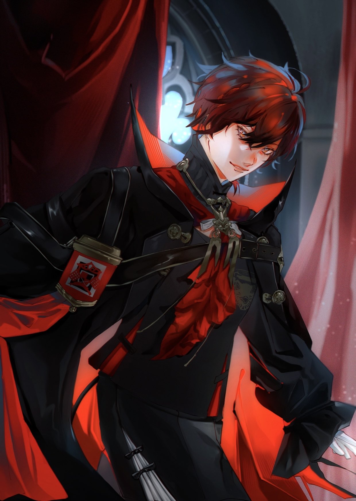 093_kaylee, 1boy, ascot, bishounen, black_cape, black_coat, cape, closed_mouth, coat, cowboy_shot, hashtag-only_commentary, highres, holostars, holostars_english, id_card, indoors, long_sleeves, looking_at_viewer, machina_x_flayon, male_focus, official_alternate_costume, puffy_long_sleeves, puffy_sleeves, red_ascot, red_eyes, red_hair, short_hair, solo, virtual_youtuber