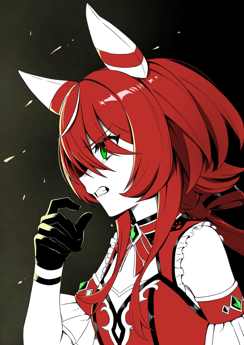 1girl, absurdres, animal_ears, black_gloves, breasts, clenched_teeth, commentary_request, dress