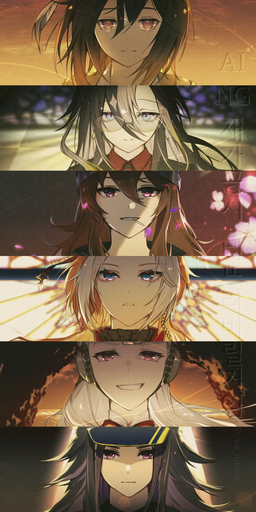 6+girls, absurdres, black_hair, blue_eyes, brown_eyes, brown_hair, closed_mouth, coat