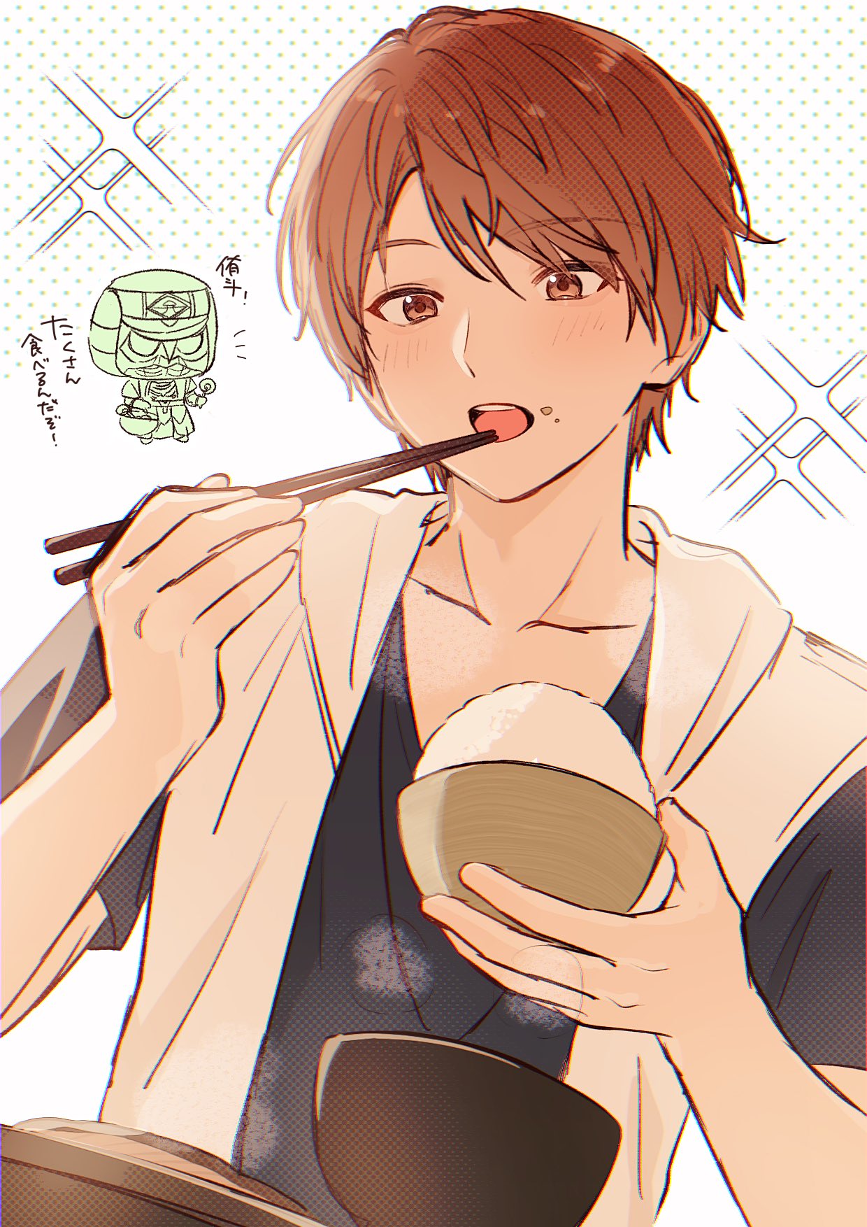 2boys, bowl, brown_eyes, brown_hair, candy, chopsticks, commentary_request, deneb, eating, food, food_on_face, highres, holding, holding_bowl, holding_candy, holding_chopsticks, holding_food, holding_lollipop, hood, hood_down, hooded_jacket, jacket, kamen_rider, kamen_rider_den-o_(series), layered_clothes, lollipop, male_focus, multiple_boys, notice_lines, open_mouth, sakurai_yuuto_(kamen_rider_den-o), short_hair, short_sleeves, sparkle, tamu_(n_ntm7), teeth, translation_request, upper_body, upper_teeth_only, white_background, white_jacket