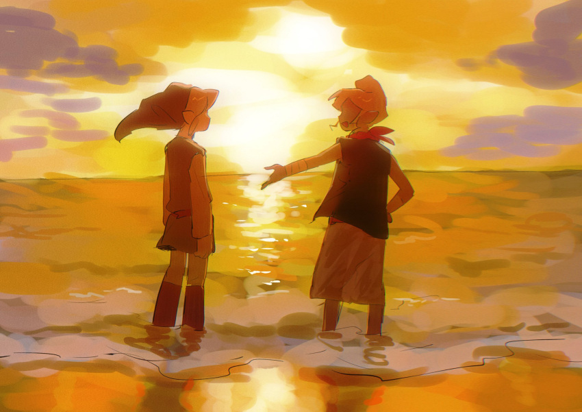 1boy, 1girl, beach, blonde_hair, clouds, commentary_request, dark-skinned_female, dark_skin