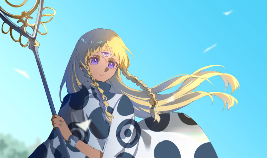 1girl, blonde_hair, braid, commentary_request, dark-skinned_female, dark_skin, eupha_(metaphor:_refantazio), floating_hair