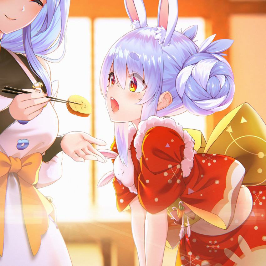 2girls, absurdres, animal_ears, apron, black_bodysuit, blue_hair, bodysuit, chopsticks
