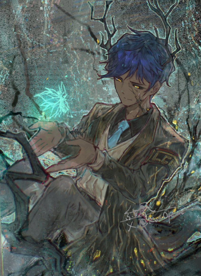 1boy, black_shirt, blue_hair, blue_necktie, branch, brown_coat, brown_jacket, coat