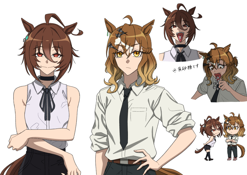 2girls, agnes_tachyon_(umamusume), ahoge, amai_(frfs5423), animal_ears, black_choker, black_necktie, black_ribbon