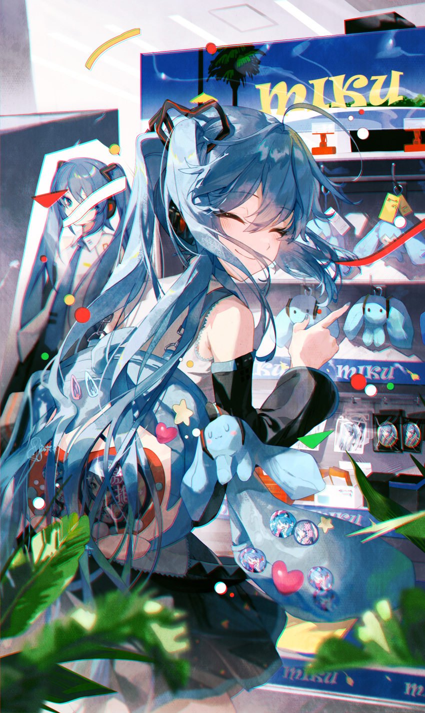 1girl, ^_^, absurdres, ahoge, asagi_jin, bare_shoulders, black_skirt, black_sleeves, blue_eyes, blue_hair, chromatic_aberration, closed_eyes, closed_mouth, commentary_request, detached_sleeves, facing_viewer, from_behind, hatsune_miku, heart, highres, indoors, long_sleeves, pleated_skirt, pointing, shirt, skirt, sleeveless, sleeveless_shirt, solo, star_(symbol), twintails, vocaloid, white_shirt