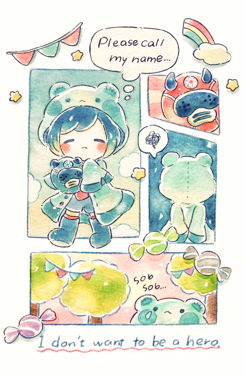 1boy, absurdres, blush_stickers, candy, closed_eyes, clouds, colored_pencil_(medium), commentary_request