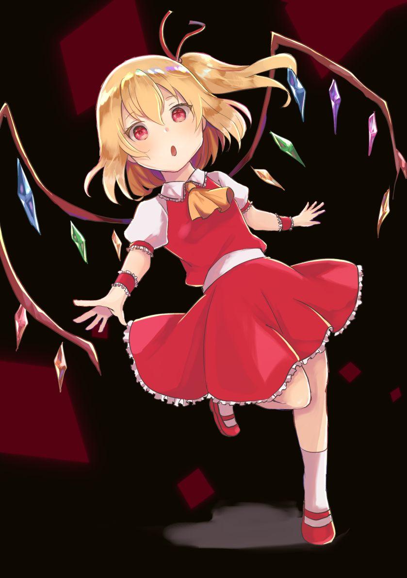 1girl, :o, blonde_hair, commentary_request, dust_cloud, flandre_scarlet, full_body, hair_ribbon
