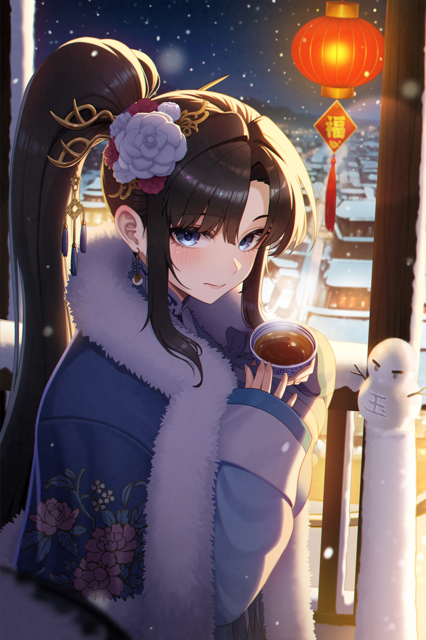 1girl, absurdres, black_hair, blue_eyes, blush, building, character_request, closed_mouth