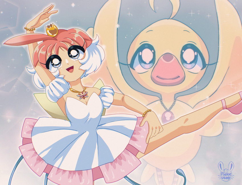 1girl, ahiru_(duck)_(princess_tutu), ahiru_(princess_tutu), ahoge, ballerina, ballet, ballet_slippers, bare_shoulders, blue_eyes, bracelet, crown, dress, fourth_position_of_the_arms, highres, jewelry, necklace, pinkieusagi, princess_tutu, princess_tutu_(character), short_hair, smile, swan_lake_headpiece, tutu
