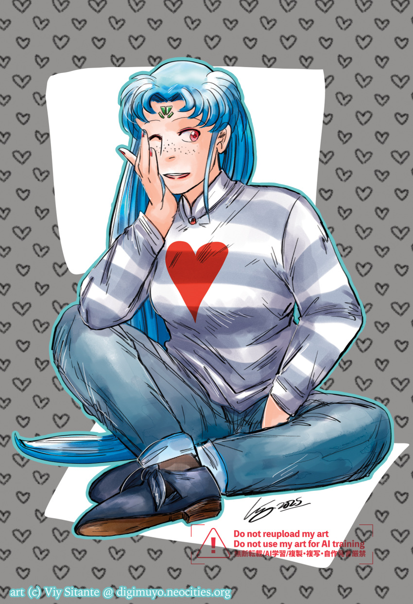 blue_hair, freckles, heart, heart_print, highres, long_hair, masaki_sasami_jurai, red_eyes