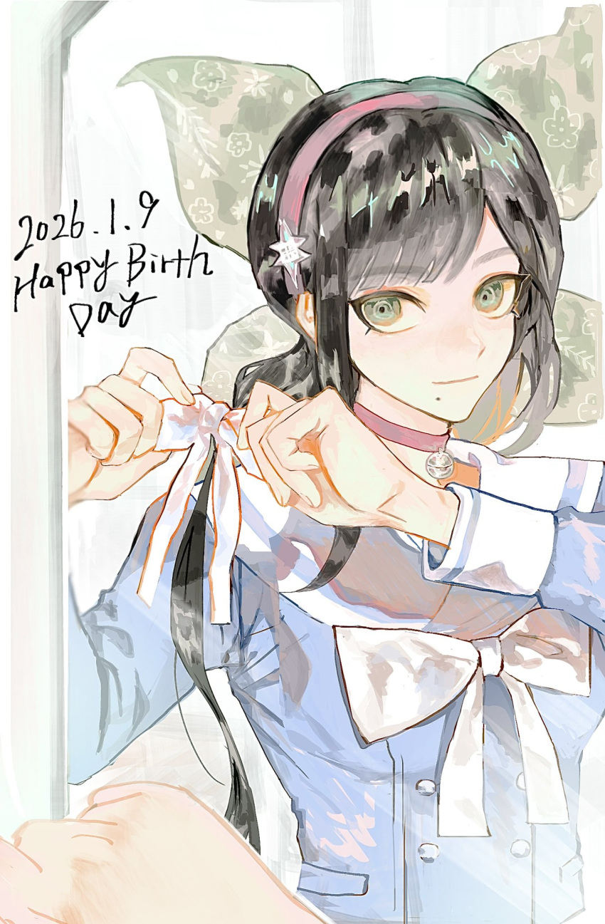 1girl, 2026, black_hair, bow, bowtie, chabashira_tenko, choker, danganronpa_(series), danganronpa_v3:_killing_harmony, dated, eyelashes, green_eyes, hair_ribbon, hairband, happy_birthday, highres, long_hair, long_sleeves, looking_at_viewer, mole, mole_under_mouth, pink_choker, pink_hairband, pitta_(oshirinokeeeee), ribbon, sailor_collar, school_uniform, shirt, smile, twintails, white_bow, white_bowtie
