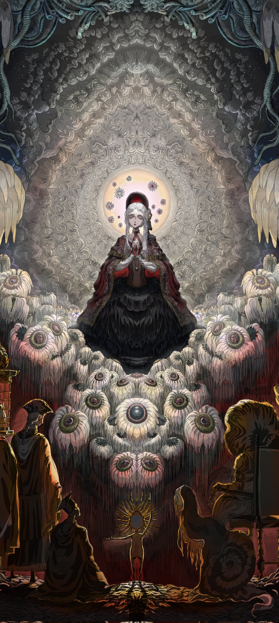 ascot, black_skirt, bloodborne, bonnet, breen_(geppert_kristy), brown_cloak, choir_set_(bloodborne), cloak, closed_eyes, colored_eyelashes, doll_joints, ebrietas_daughter_of_the_cosmos, eldritch_abomination, extra_eyes, flower, highres, jewelry, joints, long_sidelocks, micolash_host_of_the_nightmare, necklace, plain_doll, praying, red_ascot, red_bonnet, sidelocks, skirt, snail_woman_(bloodborne), solo_focus, sunflower, wheelchair, white_eyelashes, white_hair