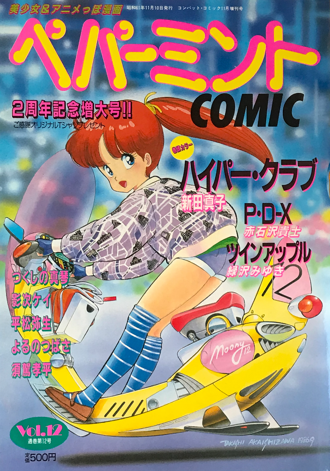 1980s_(style), 1girl, akaishizawa_takashi, anti-gravity, asymmetrical_legwear, blue_eyes, blue_gloves, brown_shoes