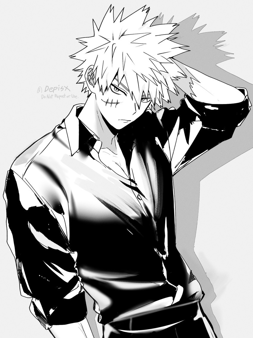 1boy, absurdres, arm_up, bakugou_katsuki, boku_no_hero_academia, closed_mouth, collared_shirt, cowboy_shot, depisx, drop_shadow, greyscale, highres, male_focus, monochrome, open_collar, pants, parted_bangs, scar, scar_on_cheek, scar_on_face, shirt, shirt_tucked_in, short_hair, sleeves_rolled_up, solo, spiky_hair, wing_collar