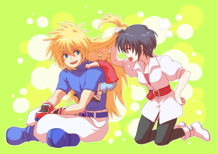2boys, :d, age_difference, ahoge, angry, bad_id, belt, black_hair