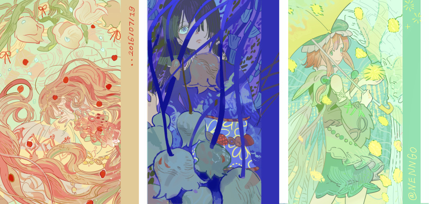 3girls, arch, armband, artist_name, bare_shoulders, black_hair, blue_capelet, blue_dress