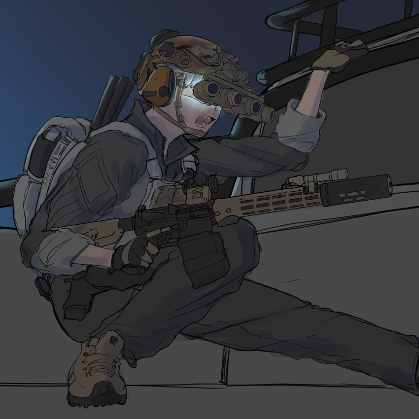 1girl, absurdres, aimpoint, ammunition_pouch, ar-15, assault_rifle, body_armor, boots
