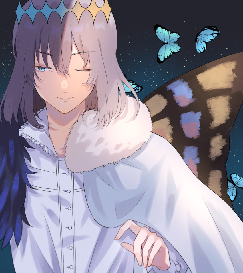 1boy, black_hair, blue_eyes, bug, butterfly, cape, commentary_request, fate/grand_order