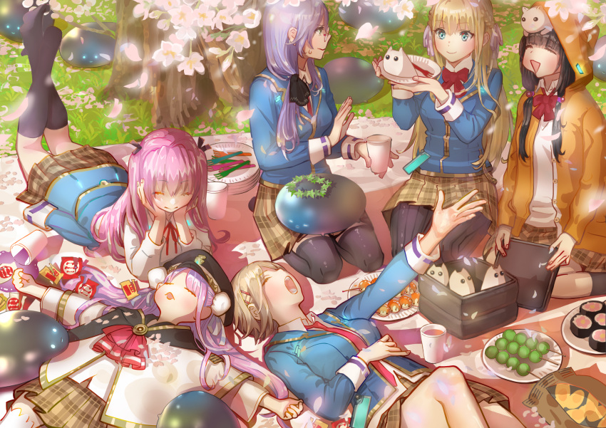 6+girls, aikawa_megumi, asakura_karen_(heaven_burns_red), black_hair, blonde_hair, blue_eyes, brown_hair, cherry_blossoms