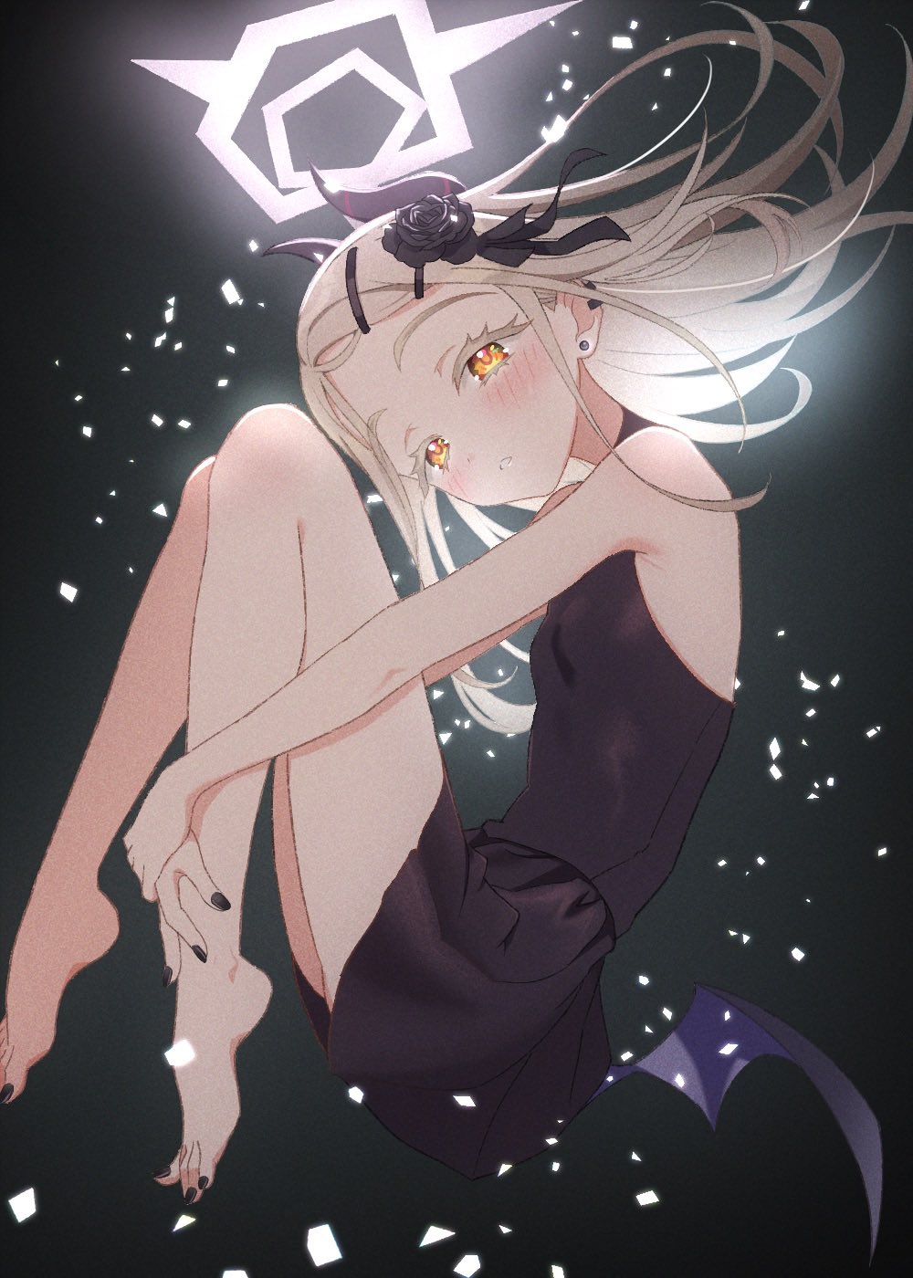 1girl, black_dress, black_flower, black_horns, black_nails, black_rose, black_wings, blonde_hair