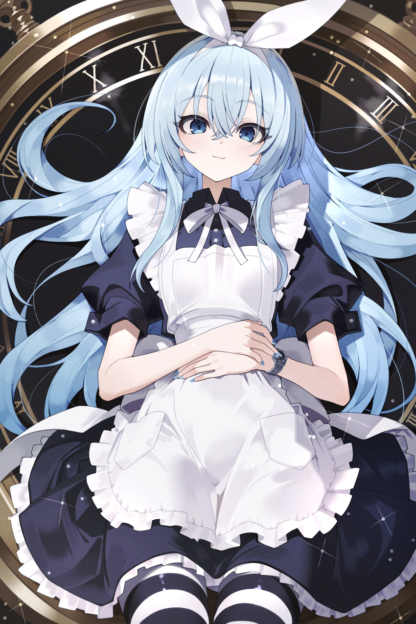 1girl, :3, absurdres, apron, black_dress, blue_eyes, blue_hair, blue_nails