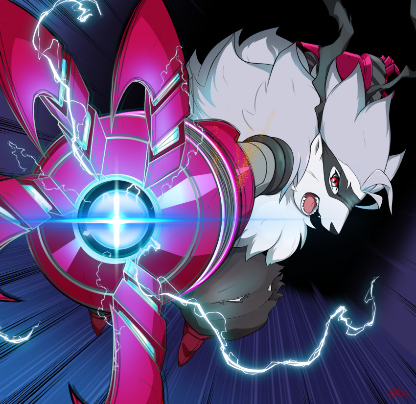 1girl, arm_cannon, black_pants, claws, commentary_request, digimon, digimon_(creature), digimon_beatbreak